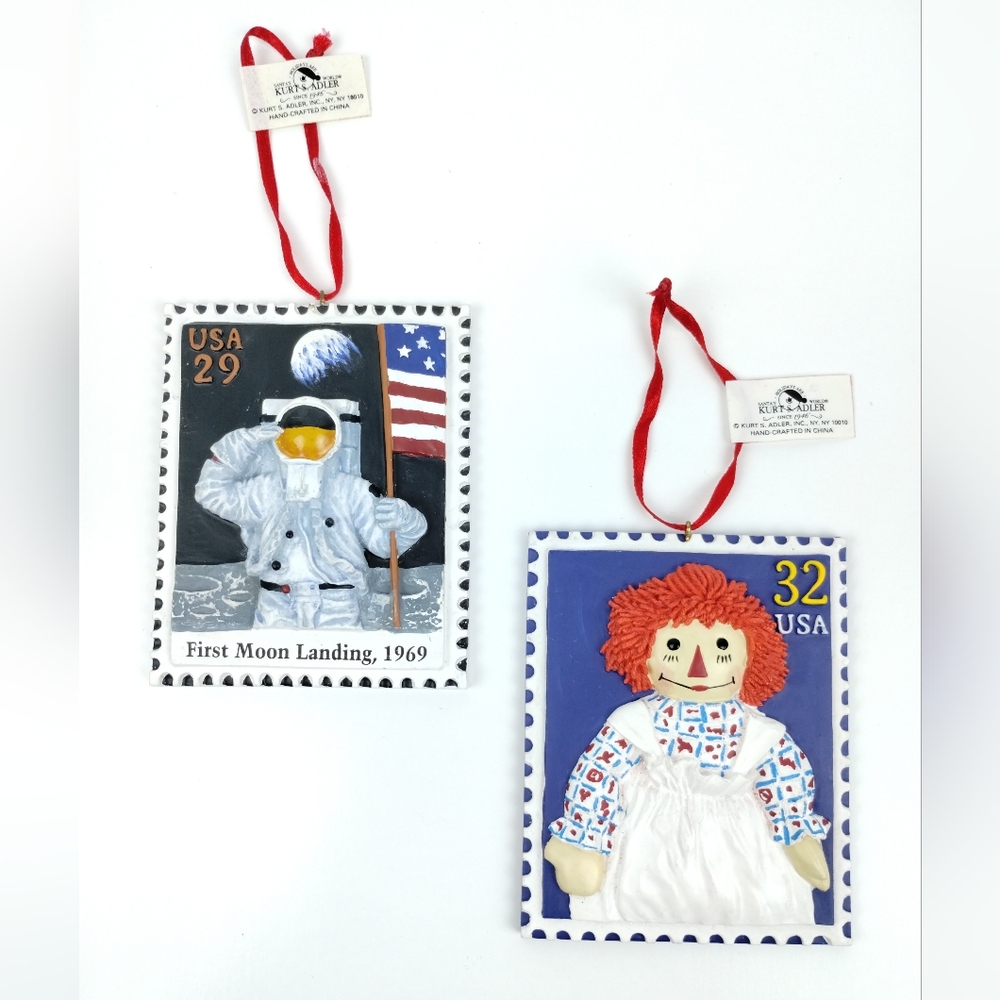 Kurt Adler Postage Stamp Ornaments Lot First Moon Landing 1969 & Raggedy Ann
